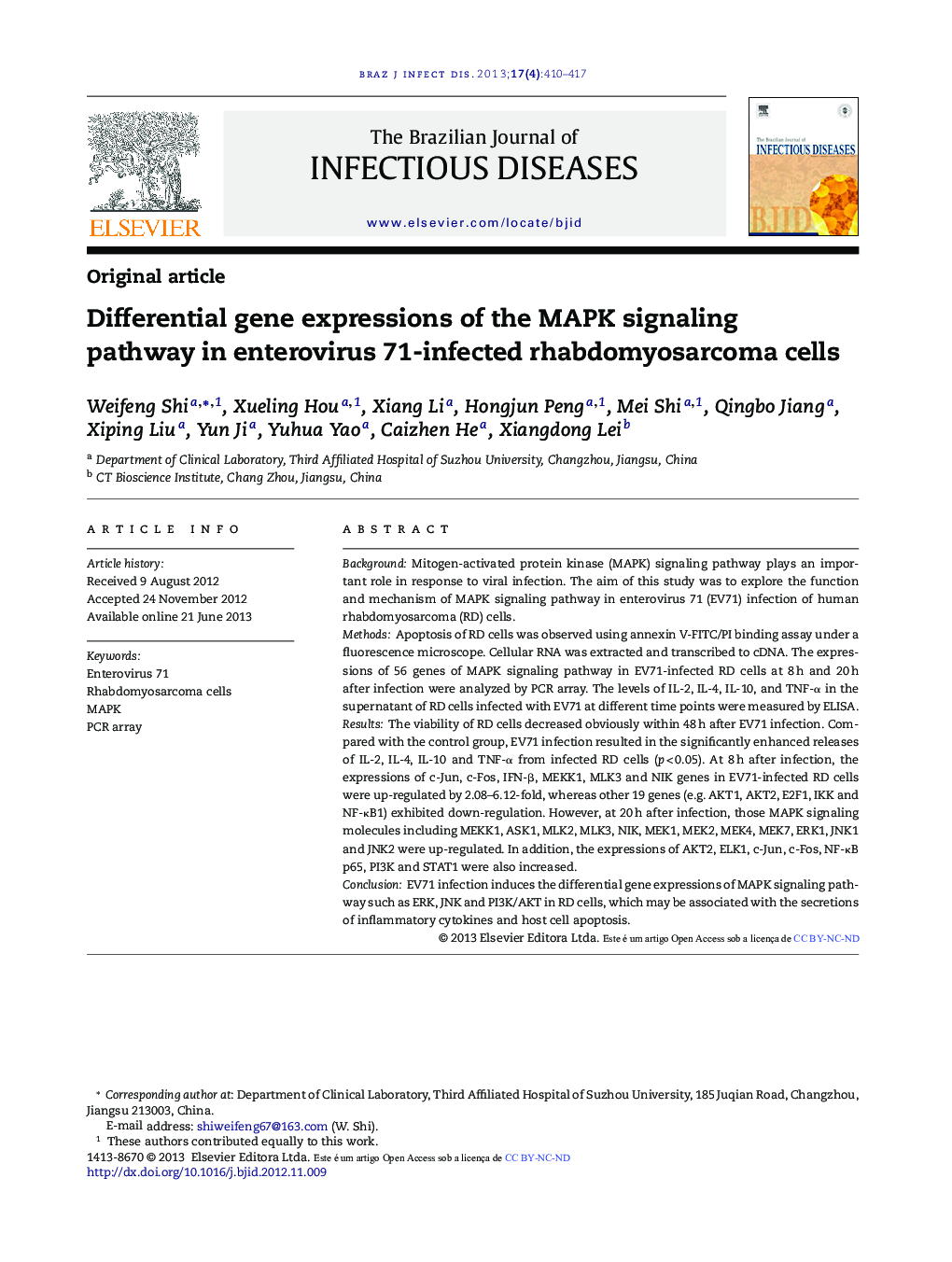 Differential gene expressions of the MAPK signaling pathway in enterovirus 71-infected rhabdomyosarcoma cells