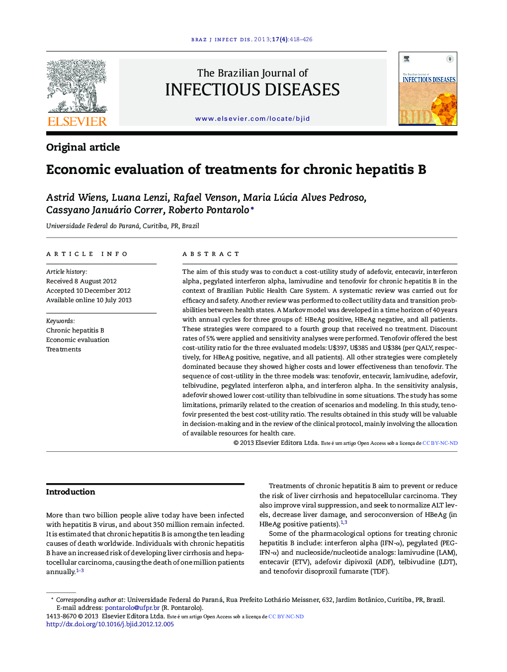 Economic evaluation of treatments for chronic hepatitis B