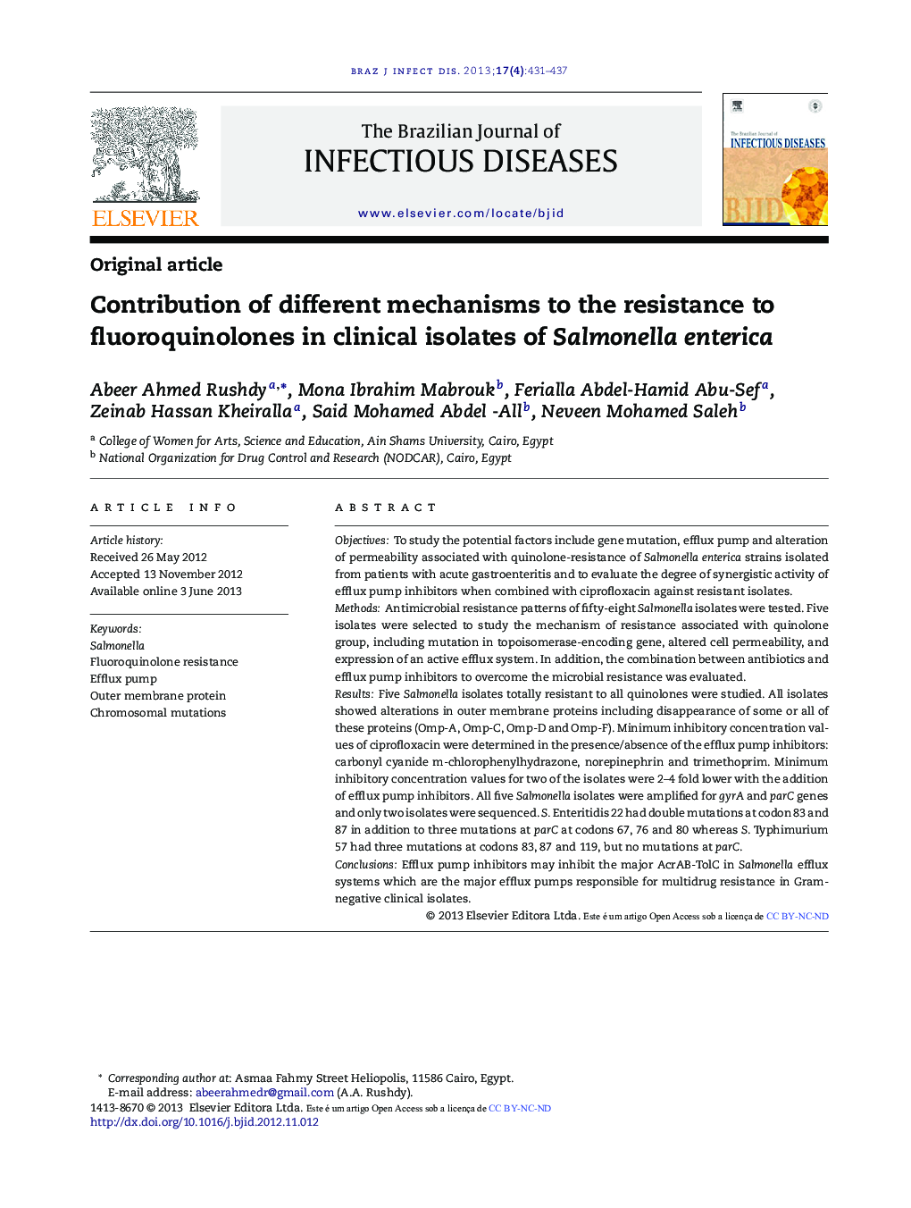 Contribution of different mechanisms to the resistance to fluoroquinolones in clinical isolates of Salmonella enterica