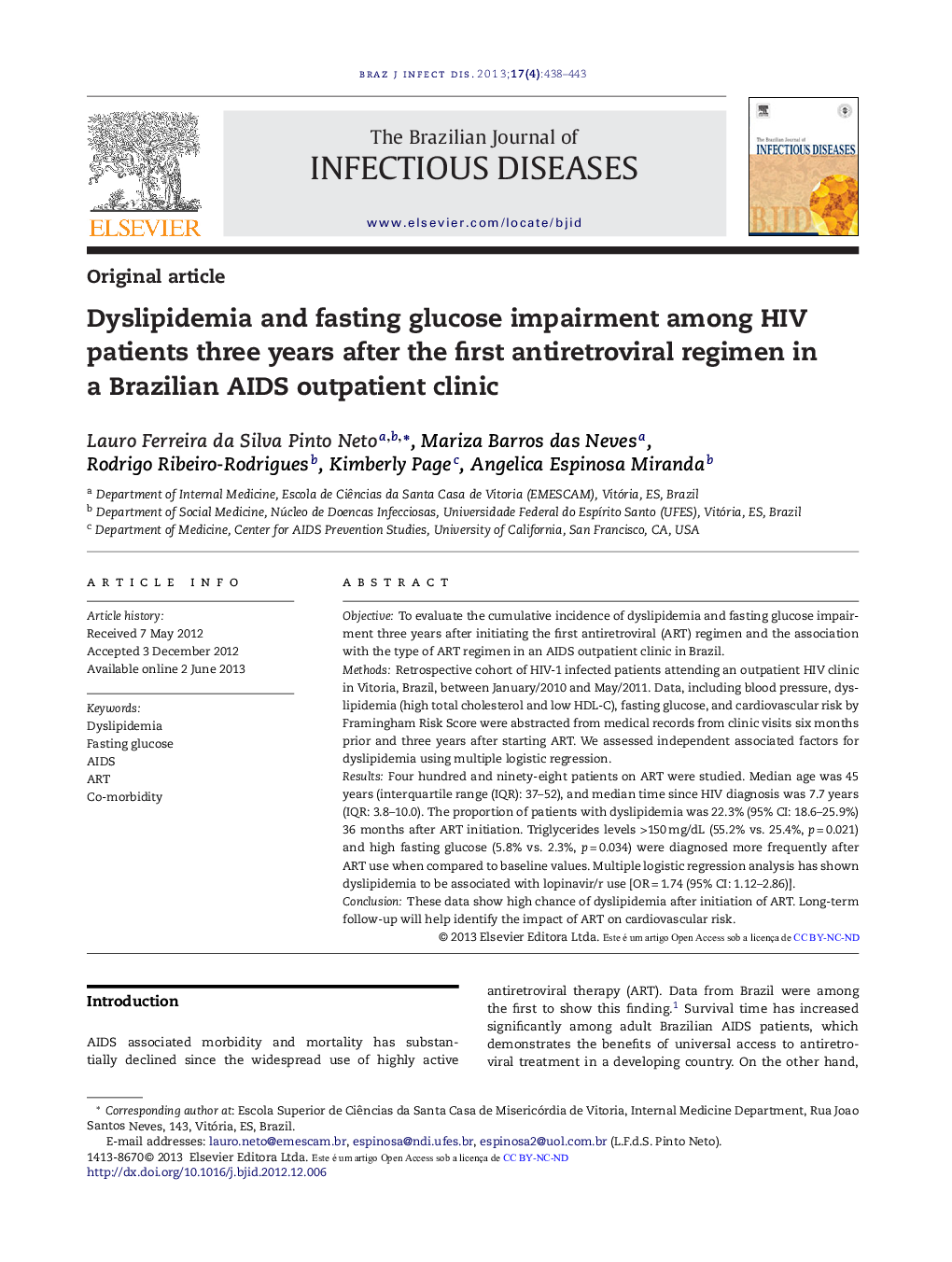 Dyslipidemia and fasting glucose impairment among HIV patients three years after the first antiretroviral regimen in a Brazilian AIDS outpatient clinic