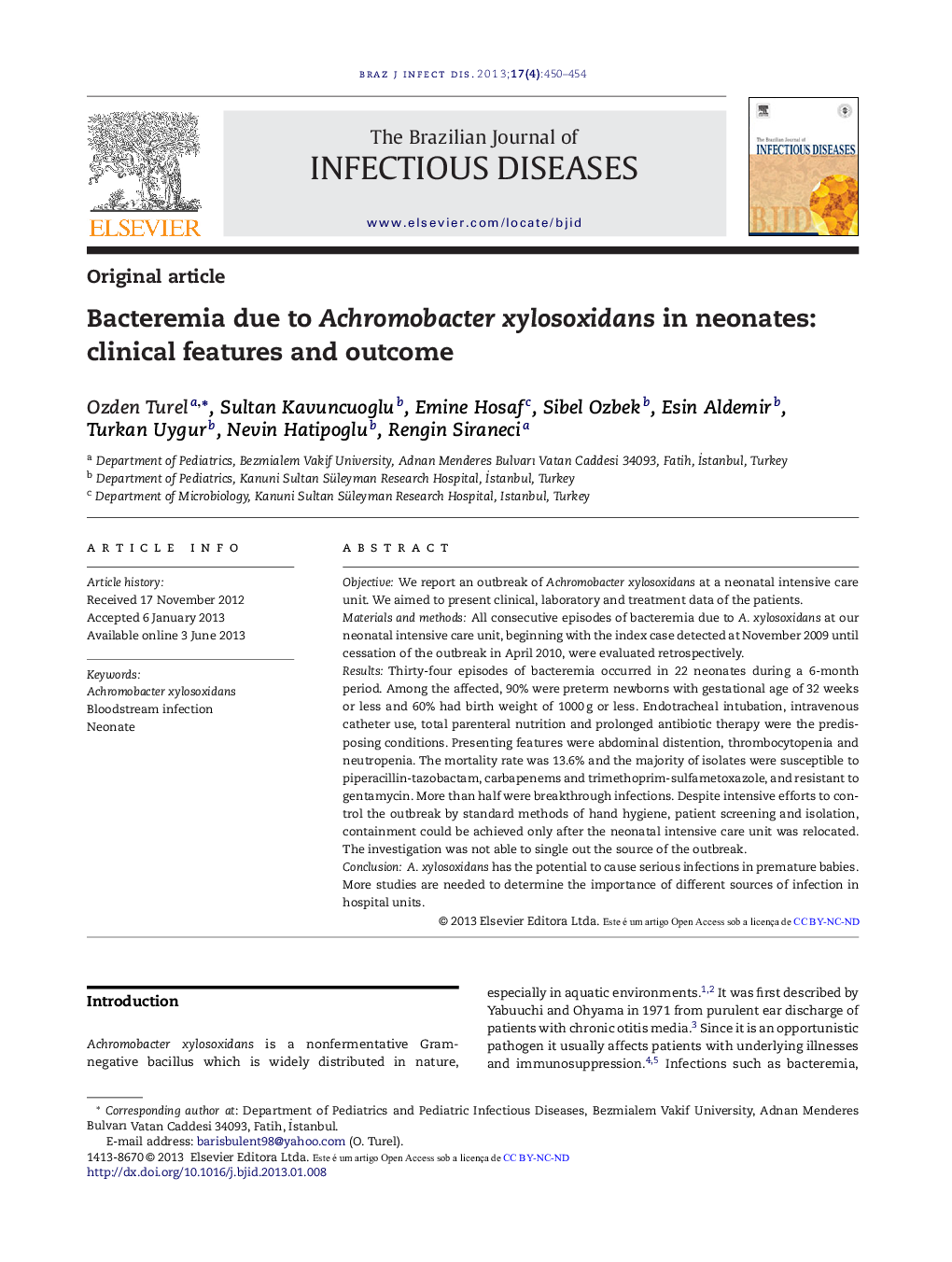 Bacteremia due to Achromobacter xylosoxidans in neonates: clinical features and outcome