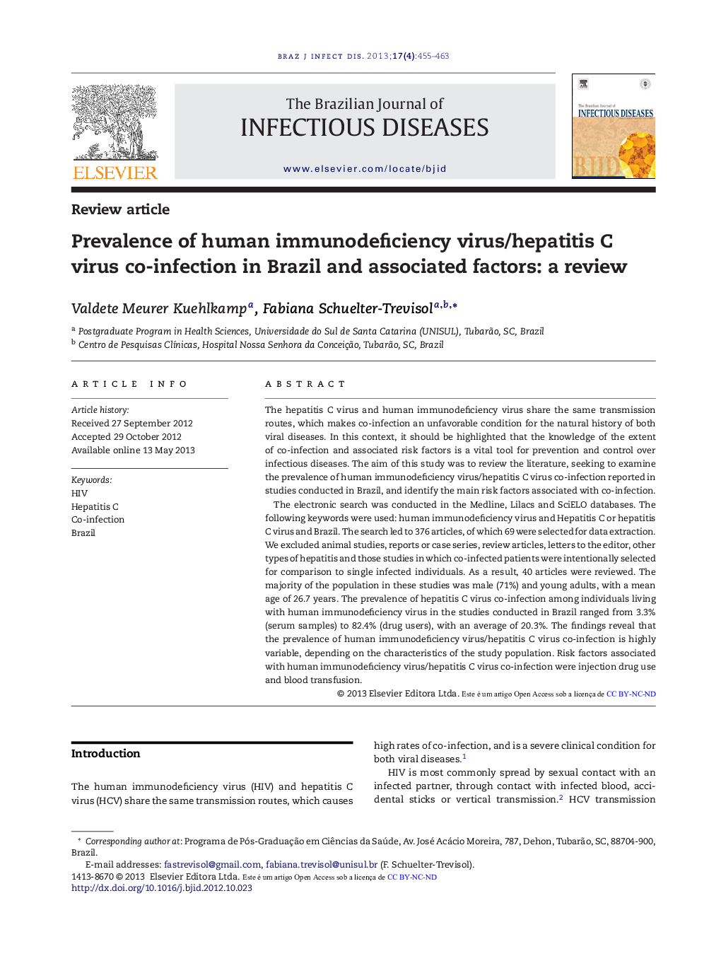 Prevalence of human immunodeficiency virus/hepatitis C virus co-infection in Brazil and associated factors: a review