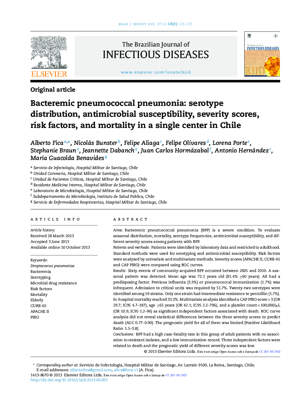 Bacteremic pneumococcal pneumonia: serotype distribution, antimicrobial susceptibility, severity scores, risk factors, and mortality in a single center in Chile