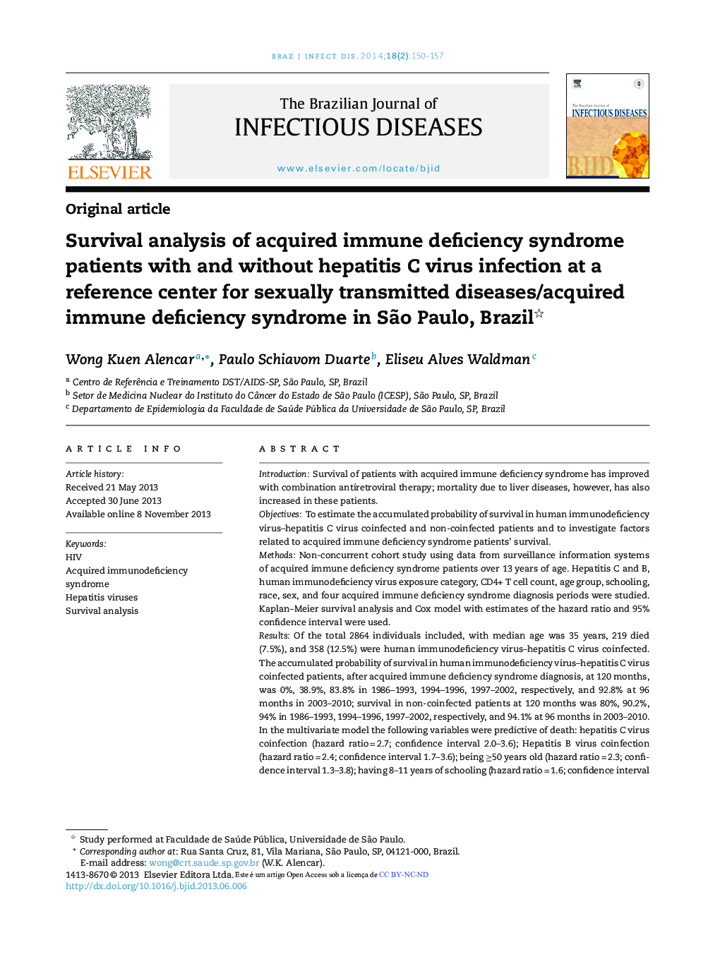 Survival analysis of acquired immune deficiency syndrome patients with and without hepatitis C virus infection at a reference center for sexually transmitted diseases/acquired immune deficiency syndrome in São Paulo, Brazil 