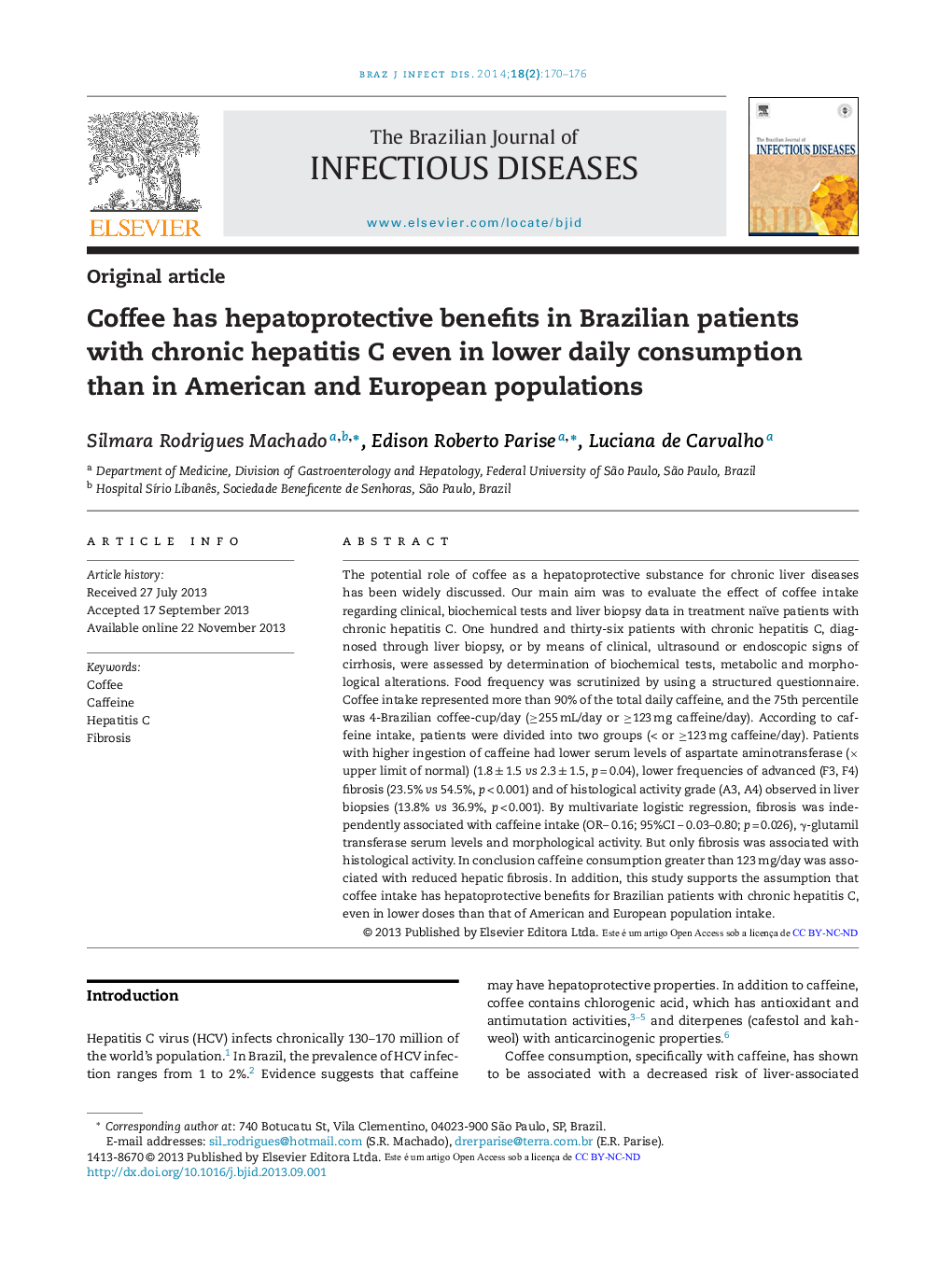 Coffee has hepatoprotective benefits in Brazilian patients with chronic hepatitis C even in lower daily consumption than in American and European populations