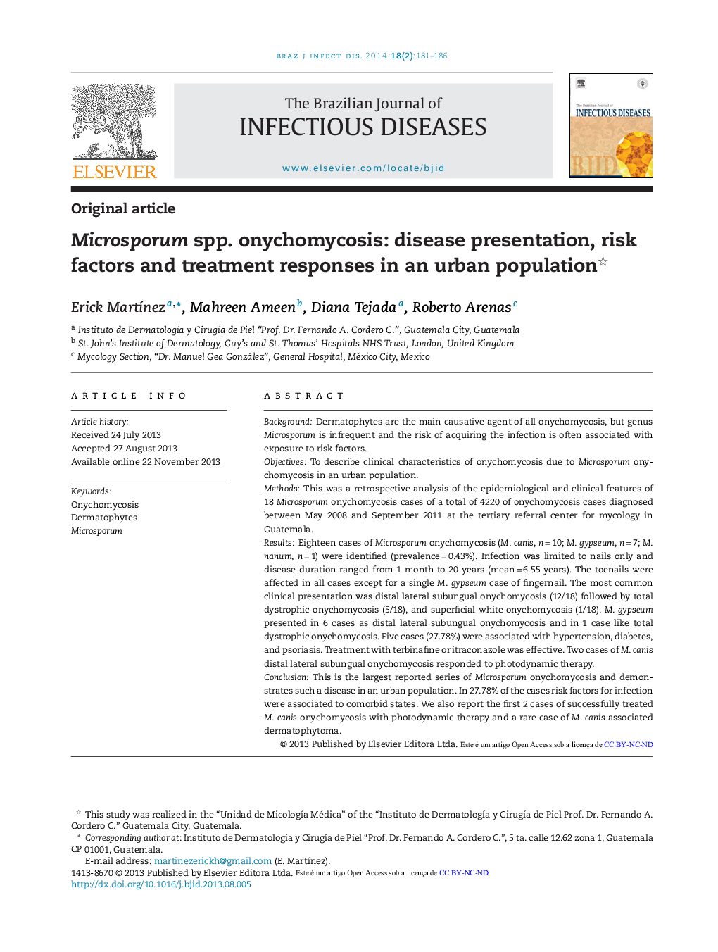 Microsporum spp. onychomycosis: disease presentation, risk factors and treatment responses in an urban population 