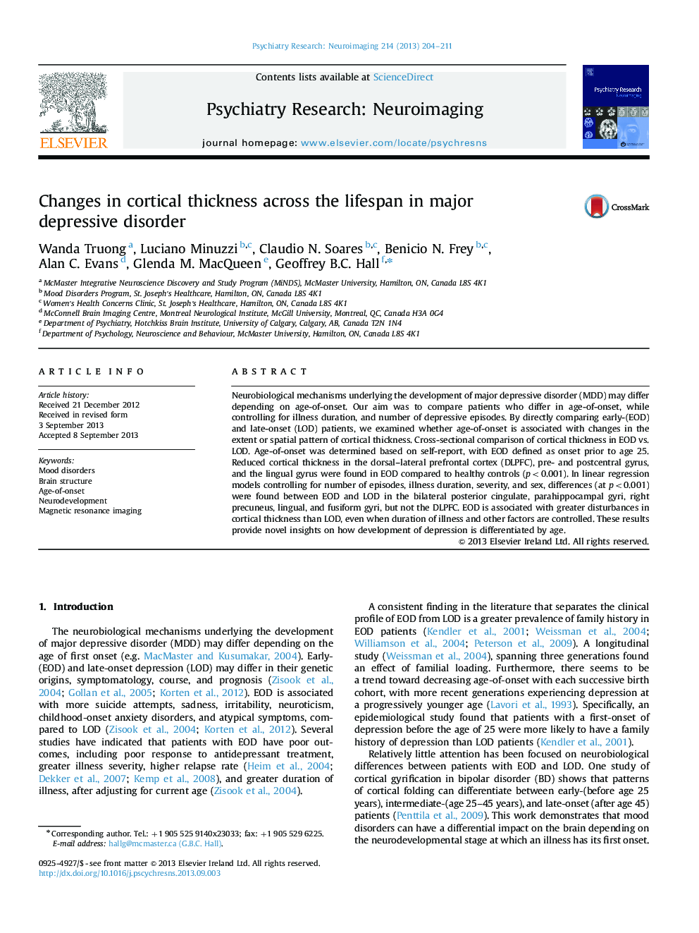 Changes in cortical thickness across the lifespan in major depressive disorder