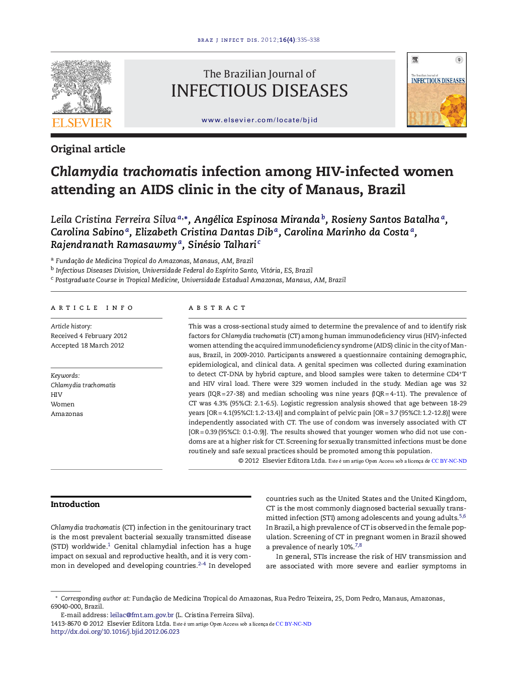 Chlamydia trachomatis infection among HIV-infected women attending an AIDS clinic in the city of Manaus, Brazil