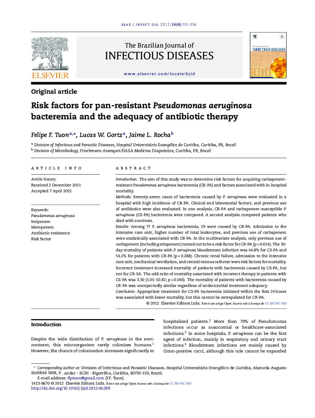 Risk factors for pan-resistant Pseudomonas aeruginosa bacteremia and the adequacy of antibiotic therapy