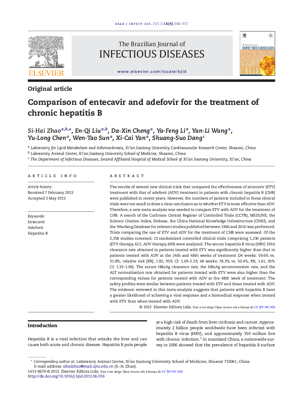 Comparison of entecavir and adefovir for the treatment of chronic hepatitis B