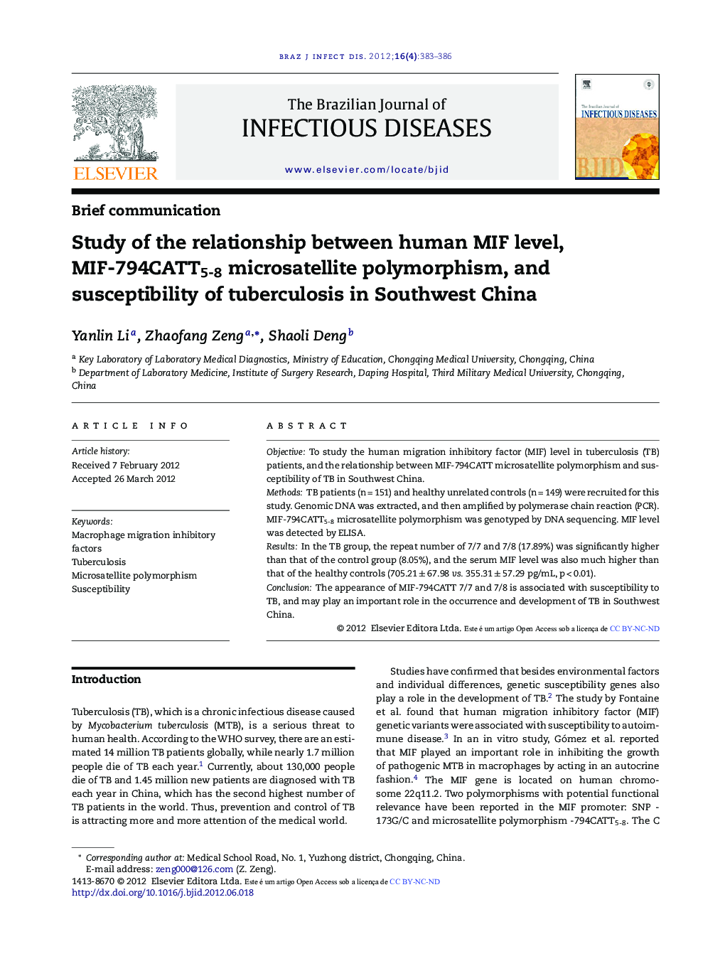 Study of the relationship between human MIF level, MIF-794CATT5-8 microsatellite polymorphism, and susceptibility of tuberculosis in Southwest China