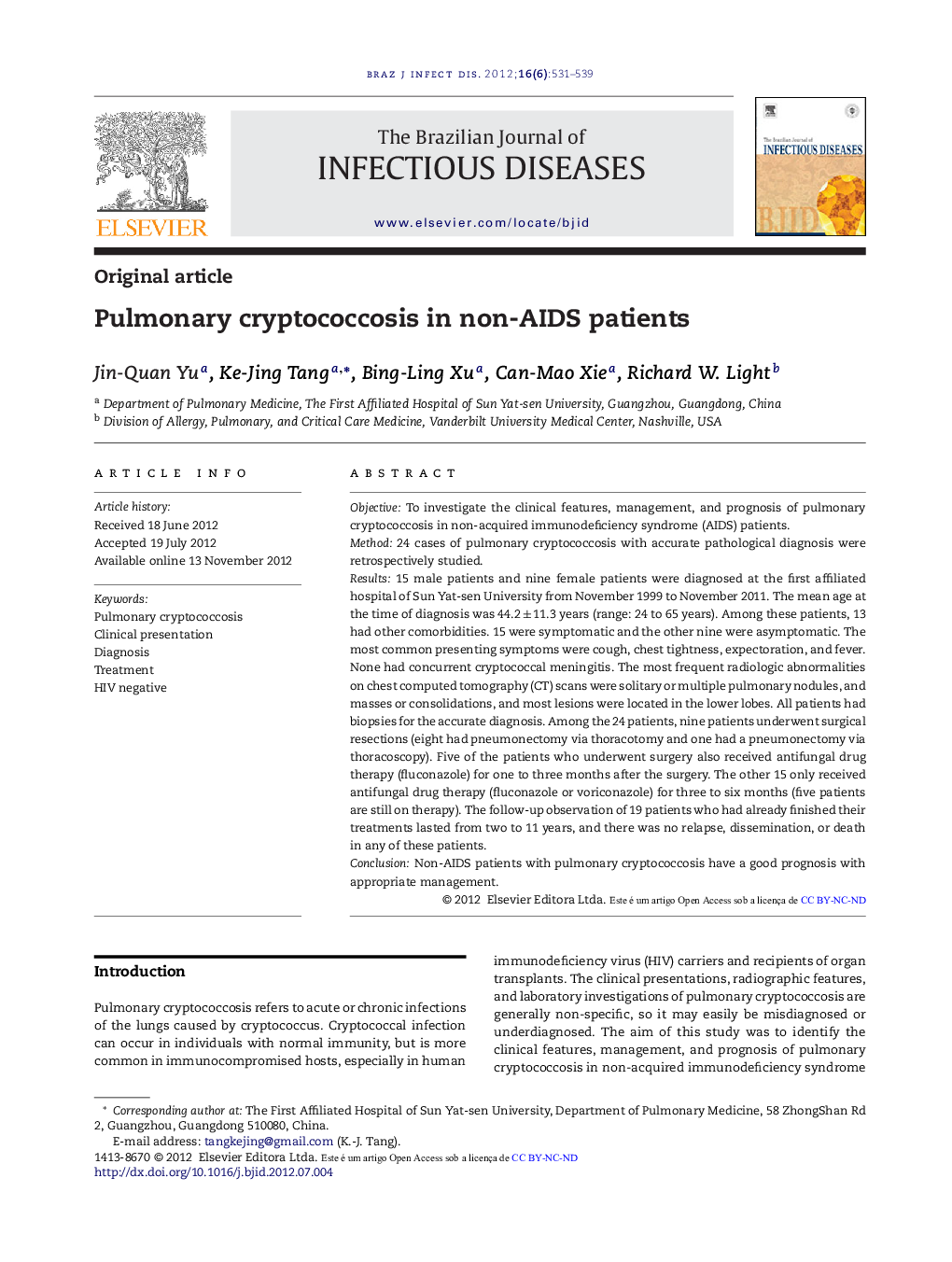 Pulmonary cryptococcosis in non-AIDS patients