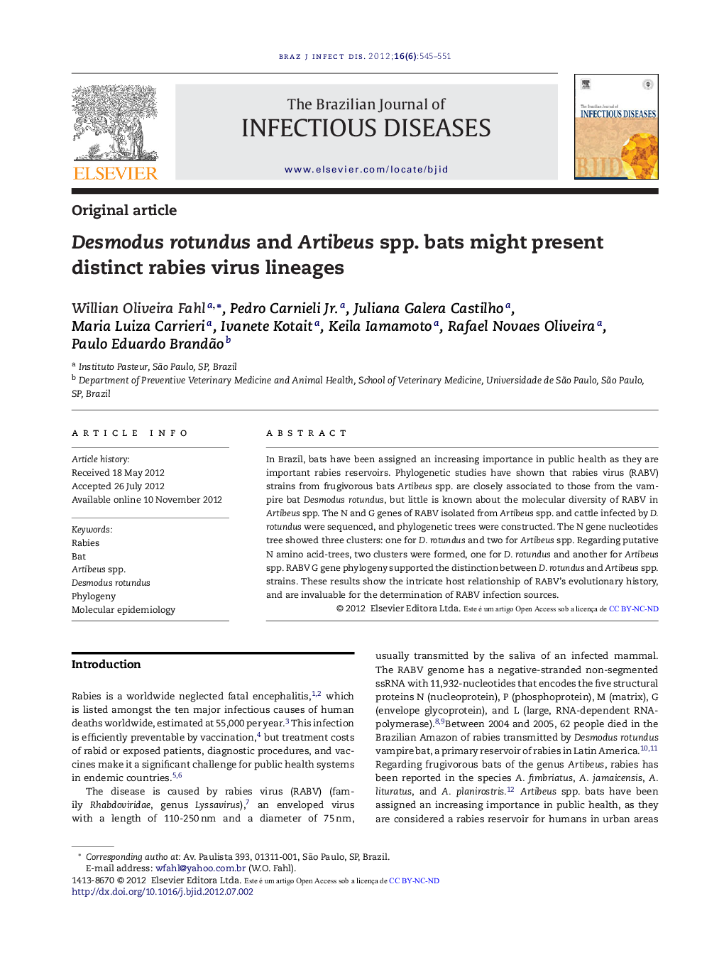 Desmodus rotundus and Artibeus spp. bats might present distinct rabies virus lineages