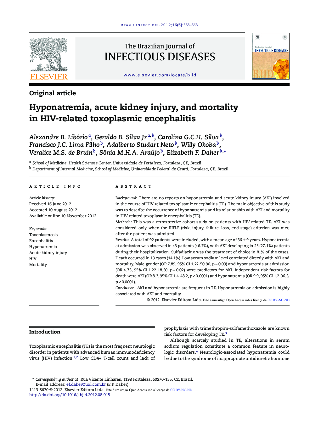 Hyponatremia, acute kidney injury, and mortality in HIV-related toxoplasmic encephalitis