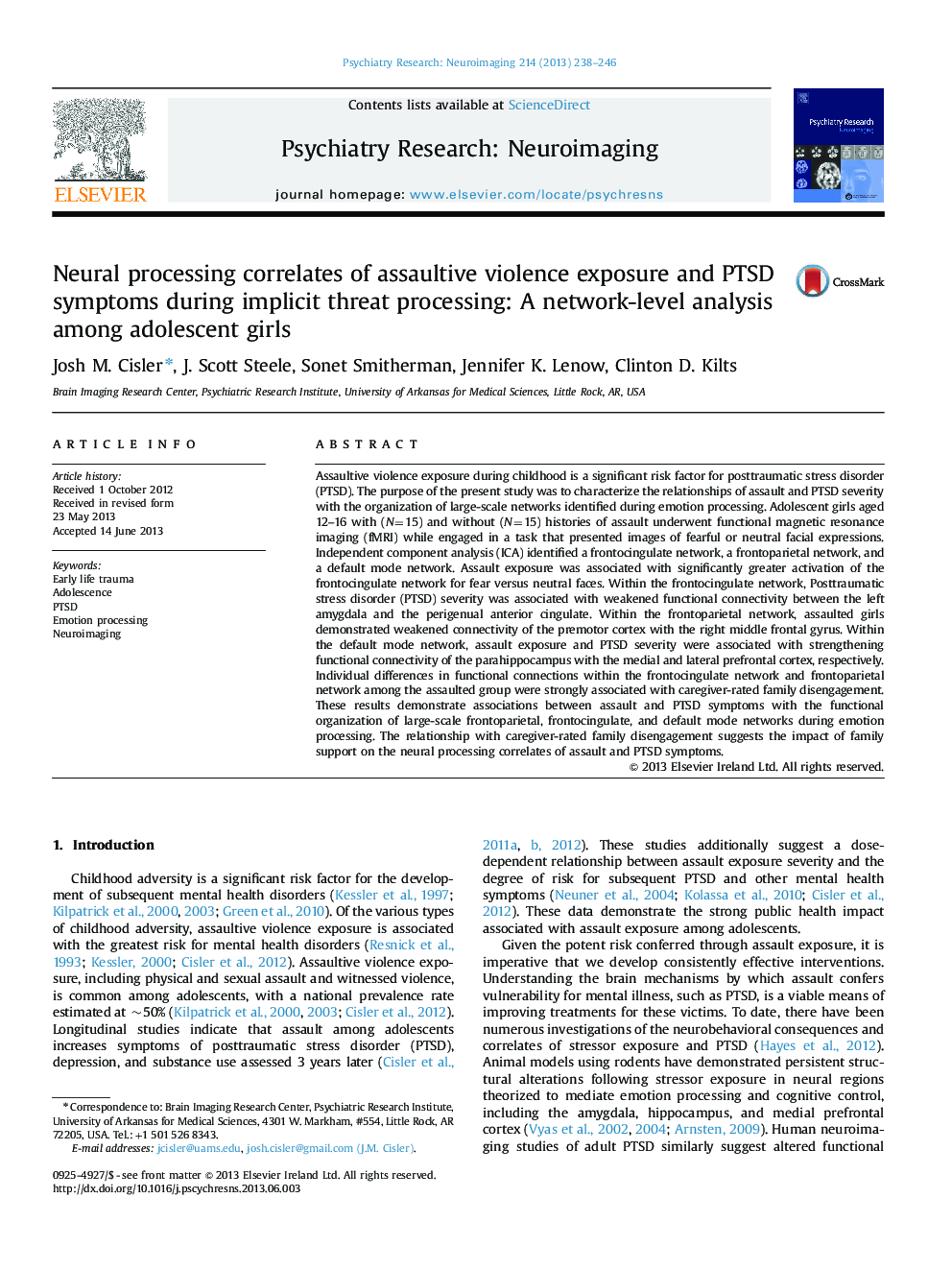 Neural processing correlates of assaultive violence exposure and PTSD symptoms during implicit threat processing: A network-level analysis among adolescent girls