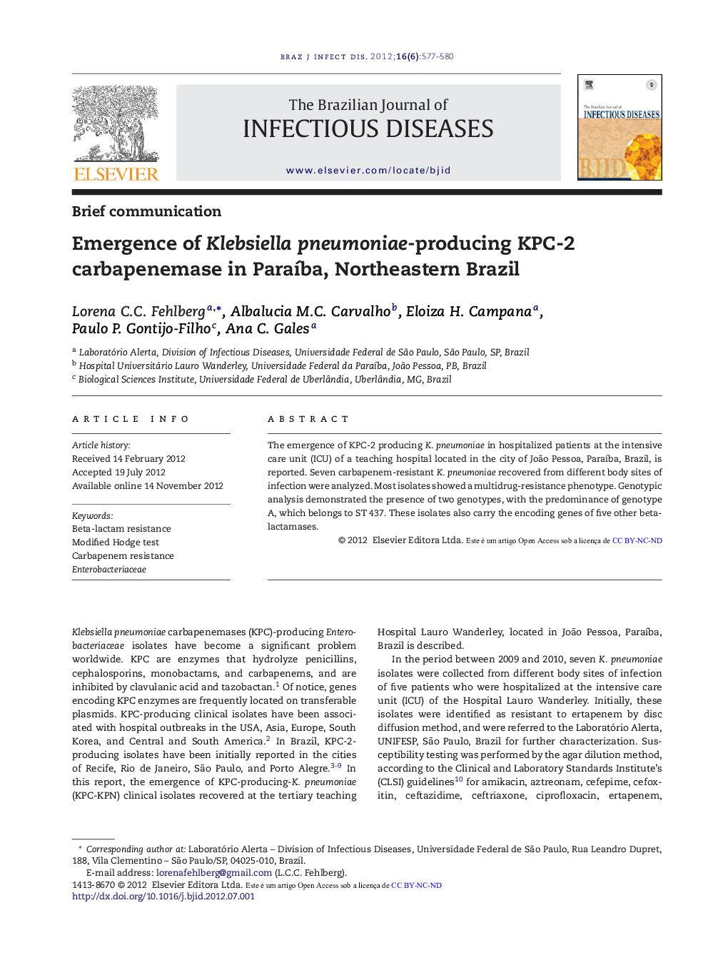 Emergence of Klebsiella pneumoniae-producing KPC-2 carbapenemase in Paraíba, Northeastern Brazil