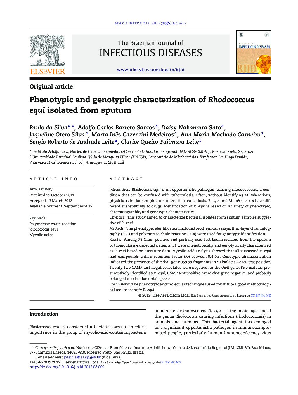 Phenotypic and genotypic characterization of Rhodococcus equi isolated from sputum