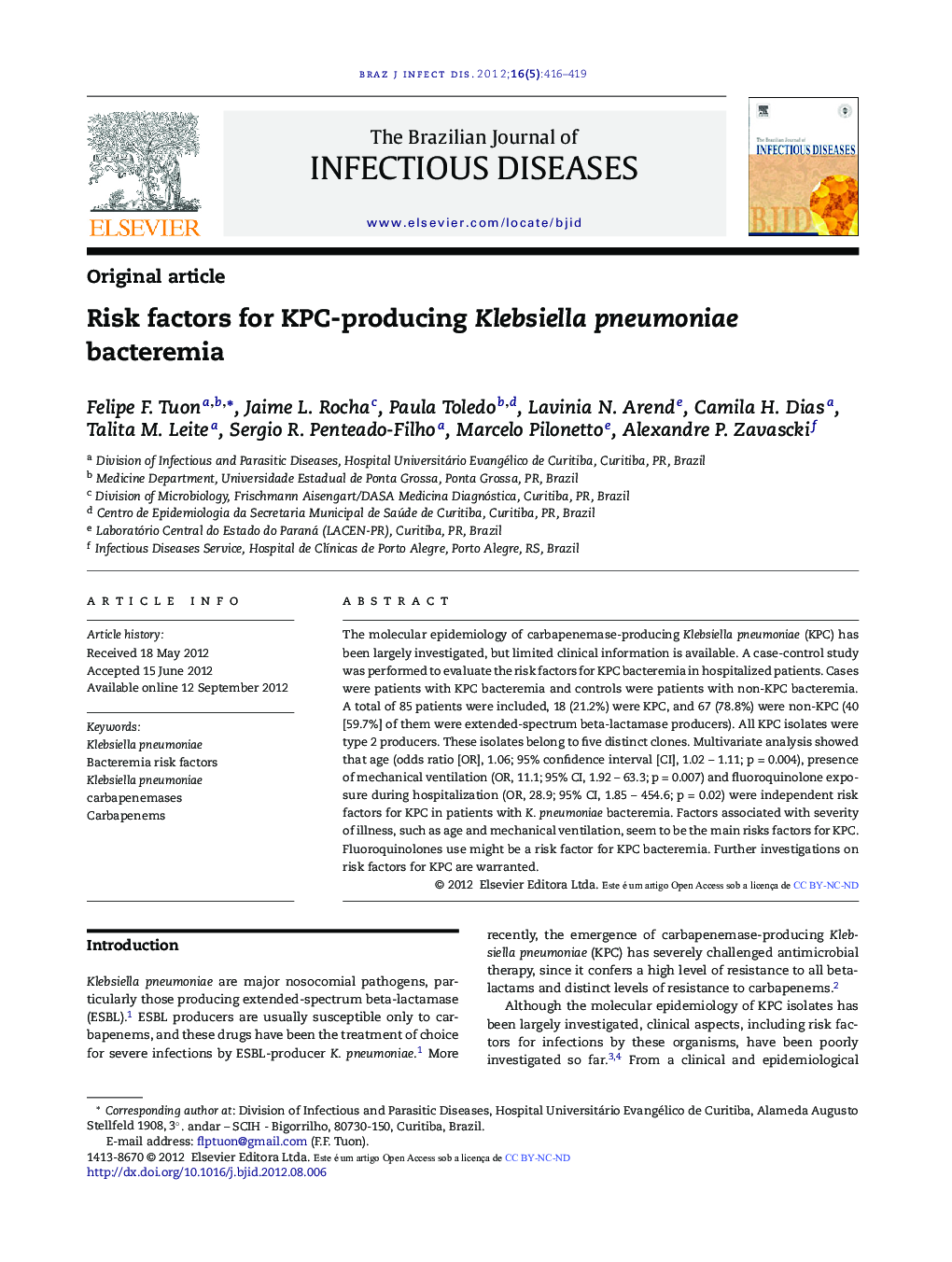 Risk factors for KPC-producing Klebsiella pneumoniae bacteremia