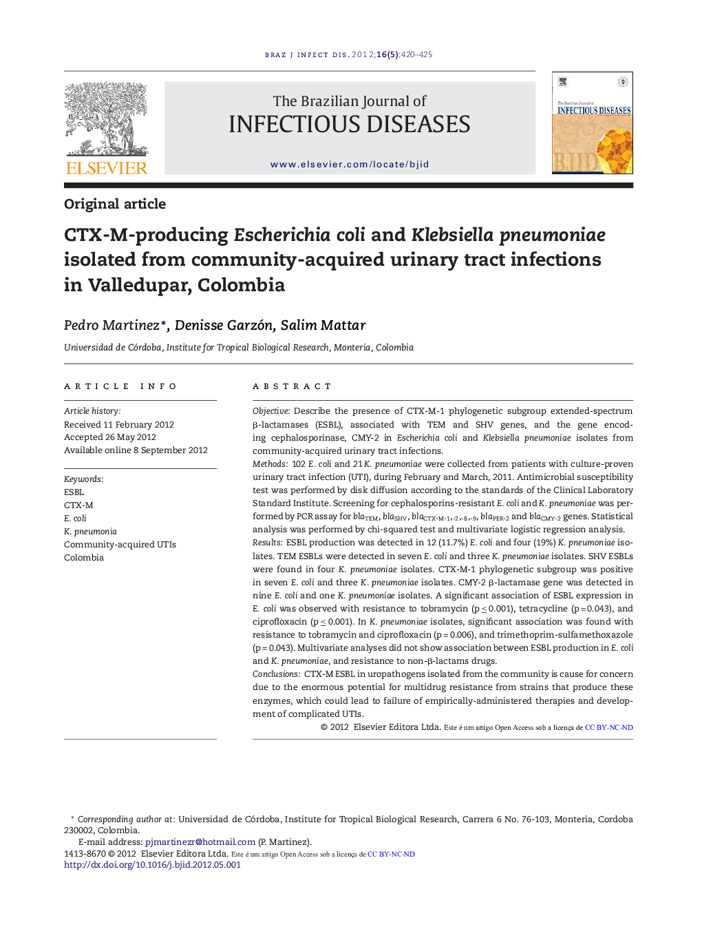 CTX-M-producing Escherichia coli and Klebsiella pneumoniae isolated from community-acquired urinary tract infections in Valledupar, Colombia