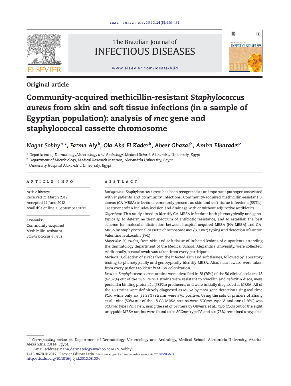 Community-acquired methicillin-resistant Staphylococcus aureus from skin and soft tissue infections (in a sample of Egyptian population): analysis of mec gene and staphylococcal cassette chromosome