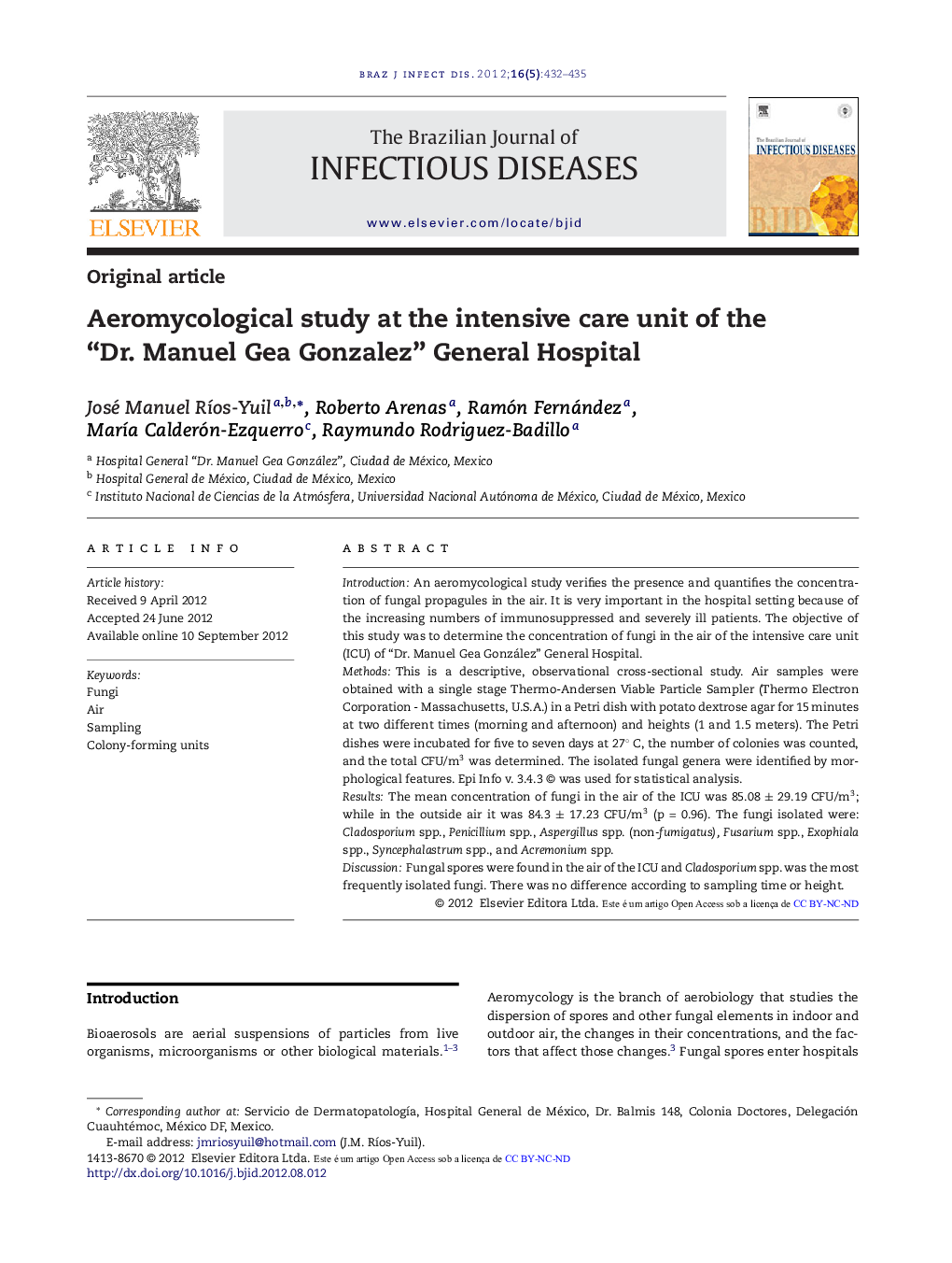 Aeromycological study at the intensive care unit of the “Dr. Manuel Gea Gonzalez” General Hospital