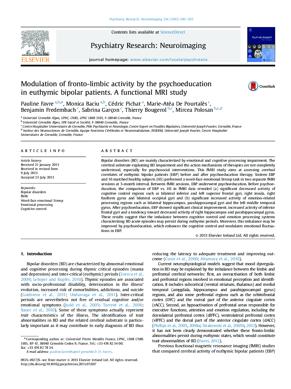 Modulation of fronto-limbic activity by the psychoeducation in euthymic bipolar patients. A functional MRI study