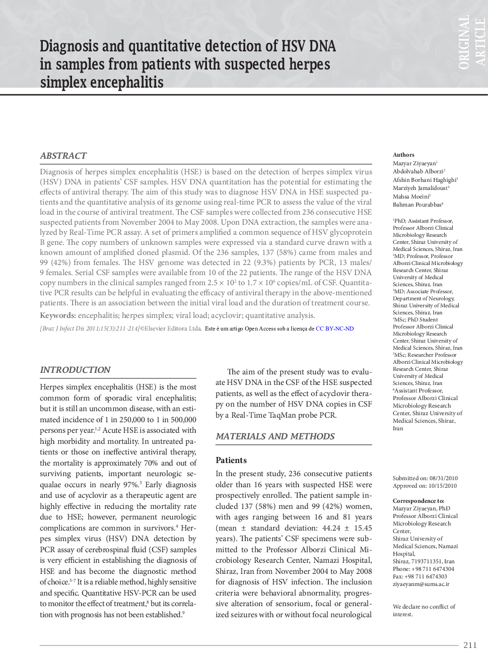 Diagnosis and quantitative detection of HSV DNA in samples from patients with suspected herpes simplex encephalitis