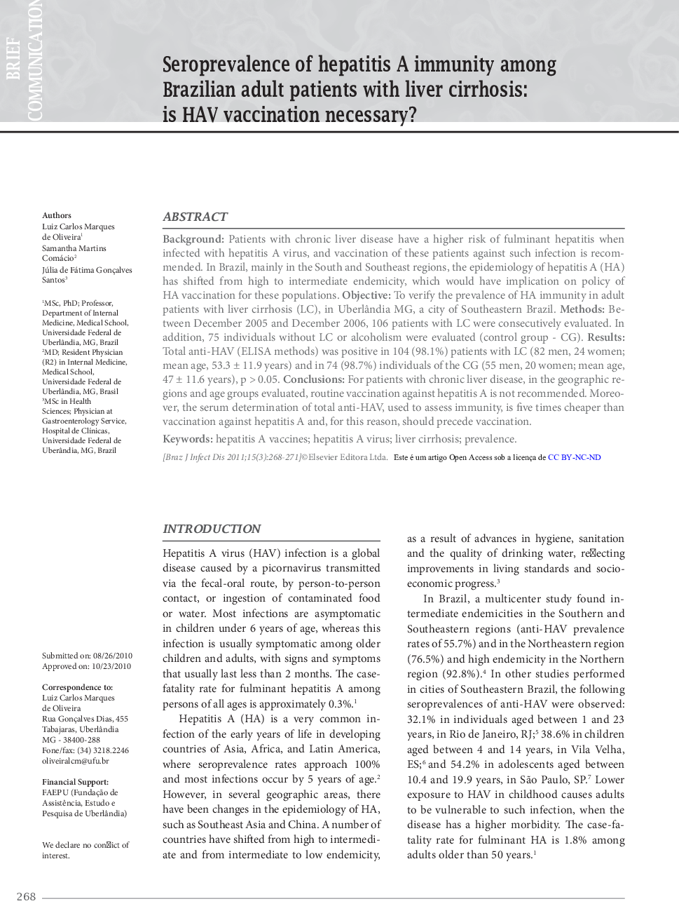 Seroprevalence of hepatitis A immunity among Brazilian adult patients with liver cirrhosis: is HAV vaccination necessary?