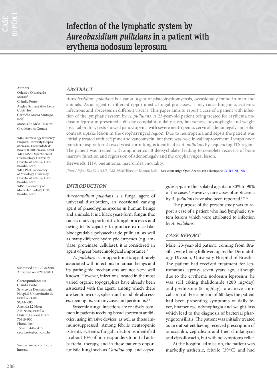 Infection of the lymphatic system by Aureobasidium pullulans in a patient with erythema nodosum leprosum