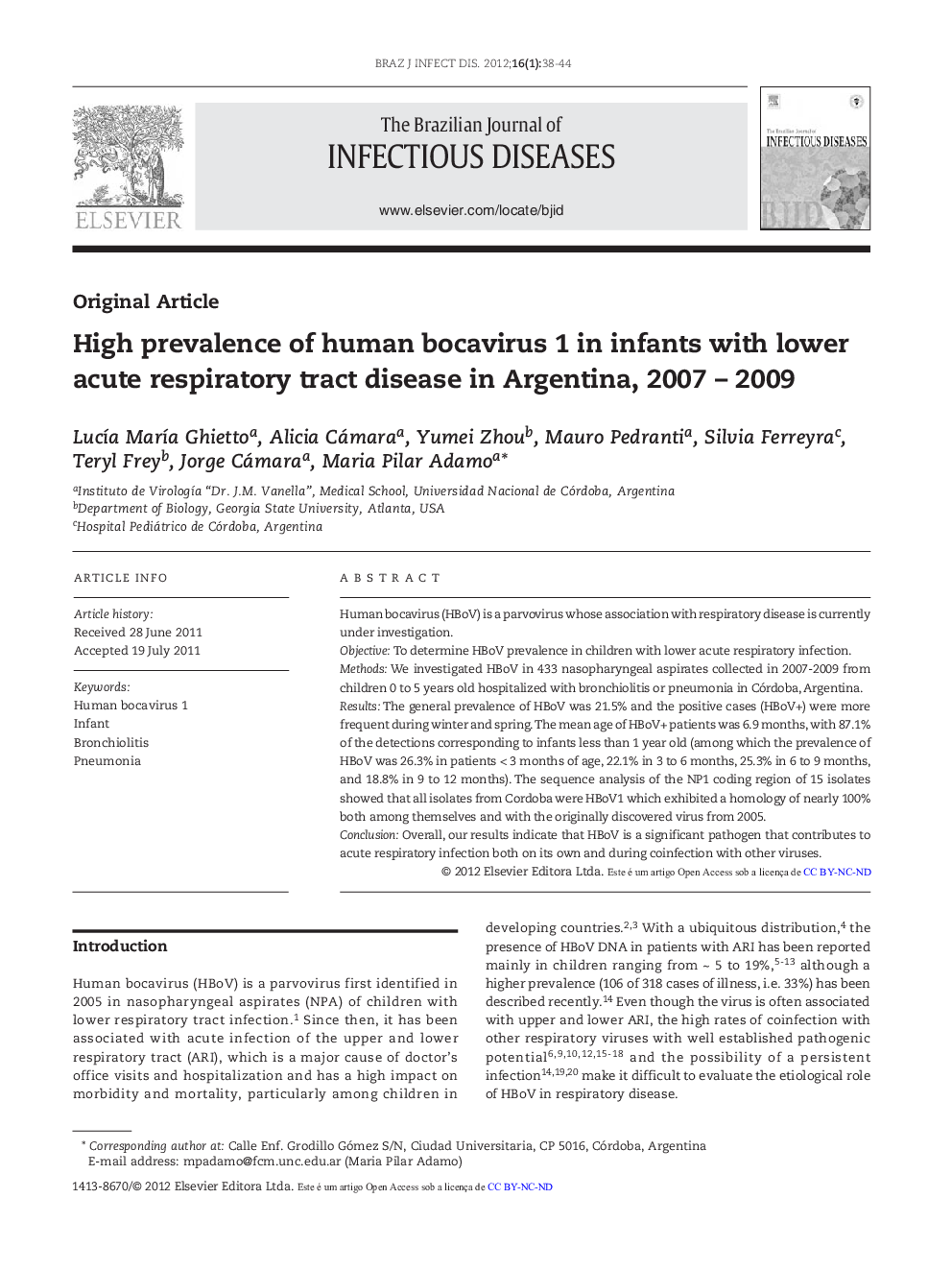 High prevalence of human bocavirus 1 in infants with lower acute respiratory tract disease in Argentina, 2007 – 2009