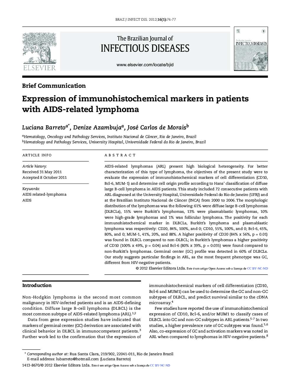 Expression of immunohistochemical markers in patients with AIDS-related lymphoma