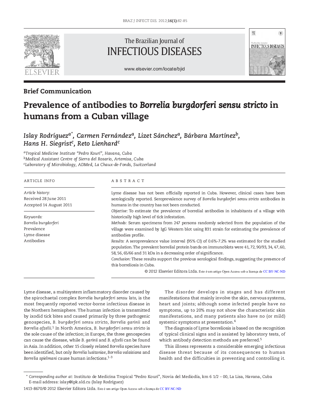 Prevalence of antibodies to Borrelia burgdorferi sensu stricto in humans from a Cuban village