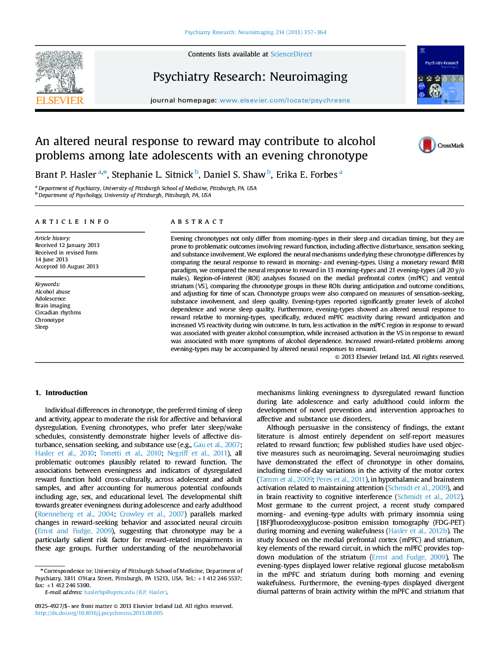 An altered neural response to reward may contribute to alcohol problems among late adolescents with an evening chronotype