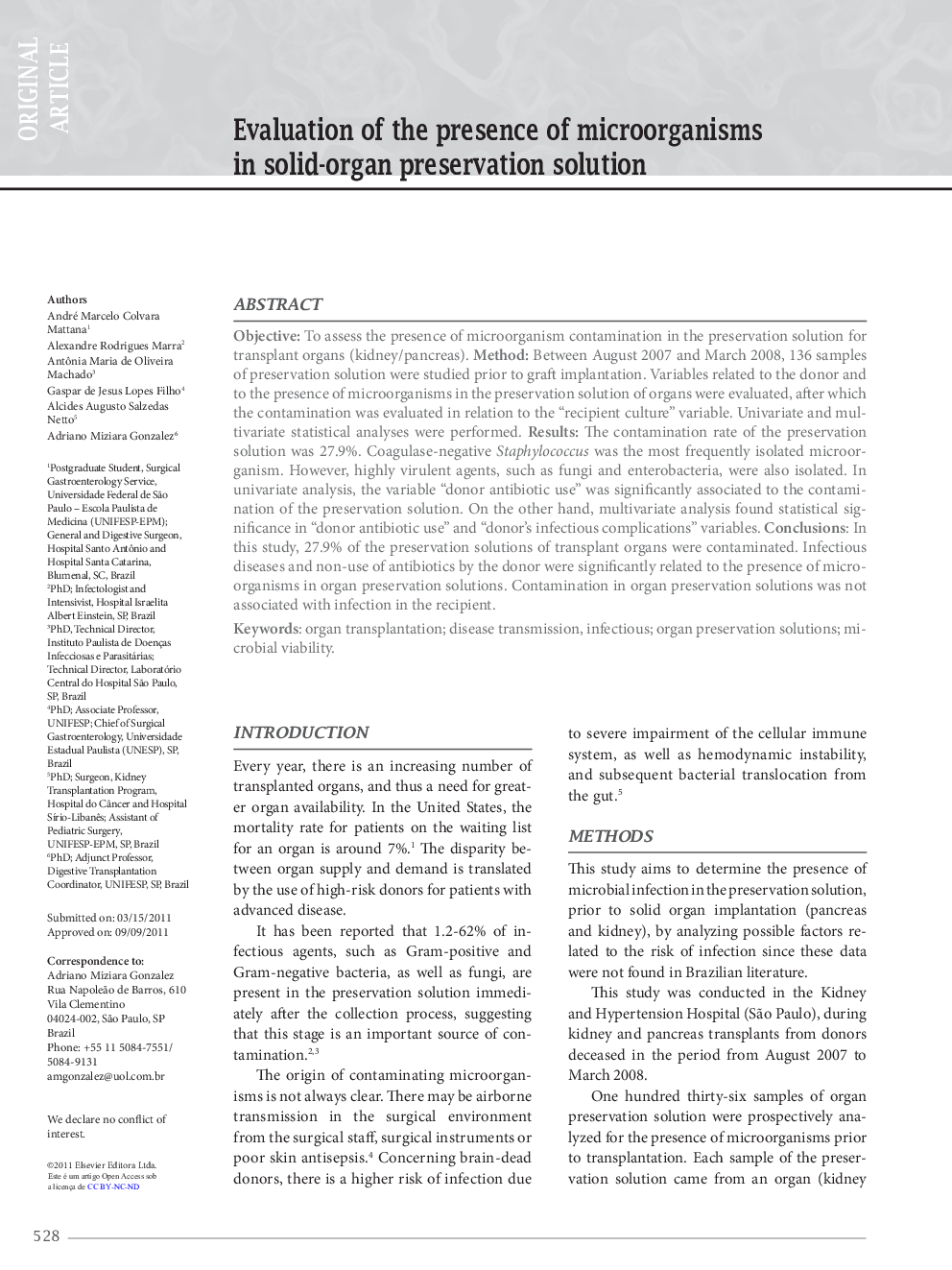 Evaluation of the presence of microorganisms in solid-organ preservation solution