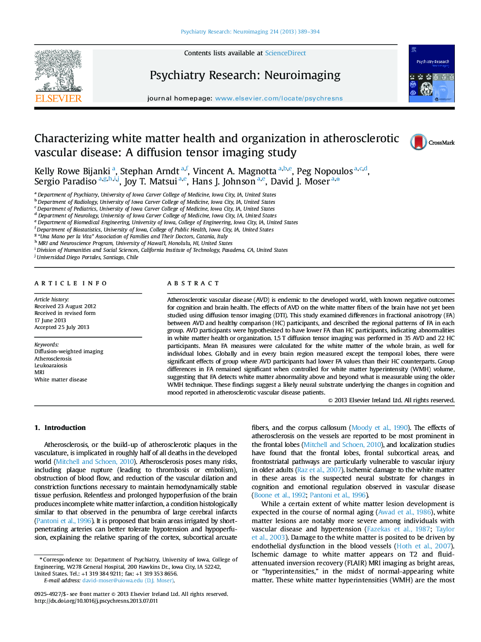 Characterizing white matter health and organization in atherosclerotic vascular disease: A diffusion tensor imaging study