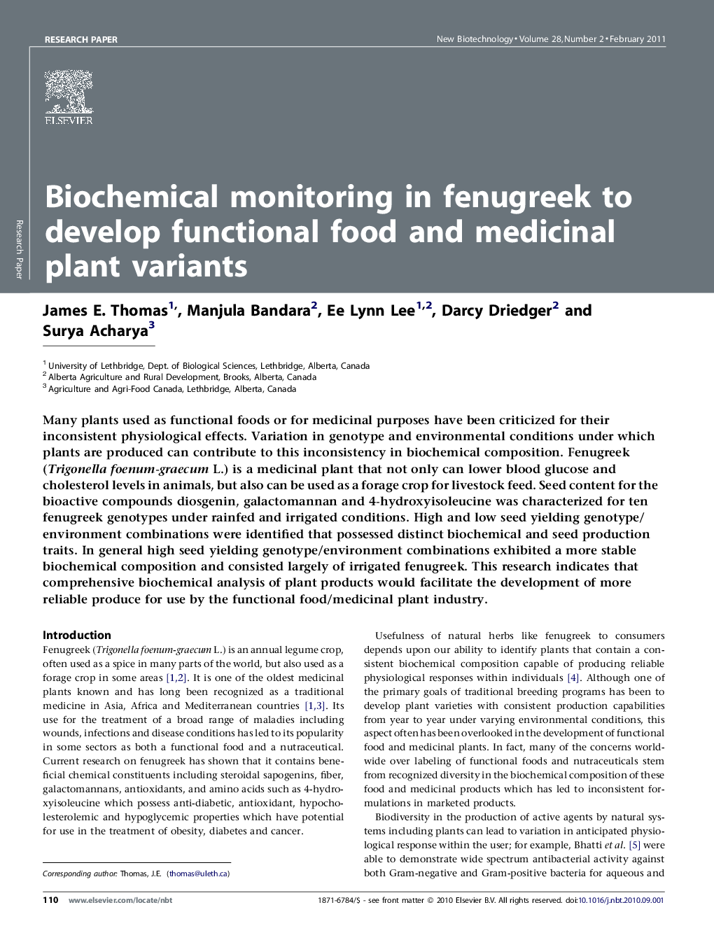 عکس صفحه اول مقاله: Biochemical monitoring in fenugreek to develop functional food and medicinal plant variants Biochemical monitoring in fenugreek to develop functional food and medicinal plant variants