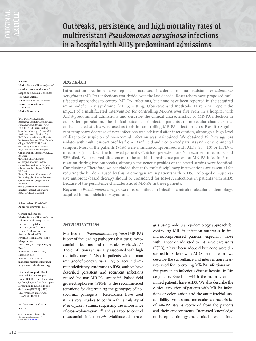 Outbreaks, persistence, and high mortality rates of multiresistant Pseudomonas aeruginosa infections in a hospital with AIDS-predominant admissions