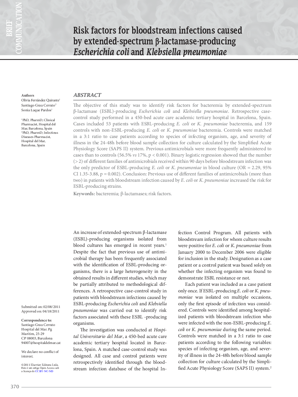 Risk factors for bloodstream infections caused by extended-spectrum β-lactamase-producing Escherichia coli and Klebsiella pneumoniae