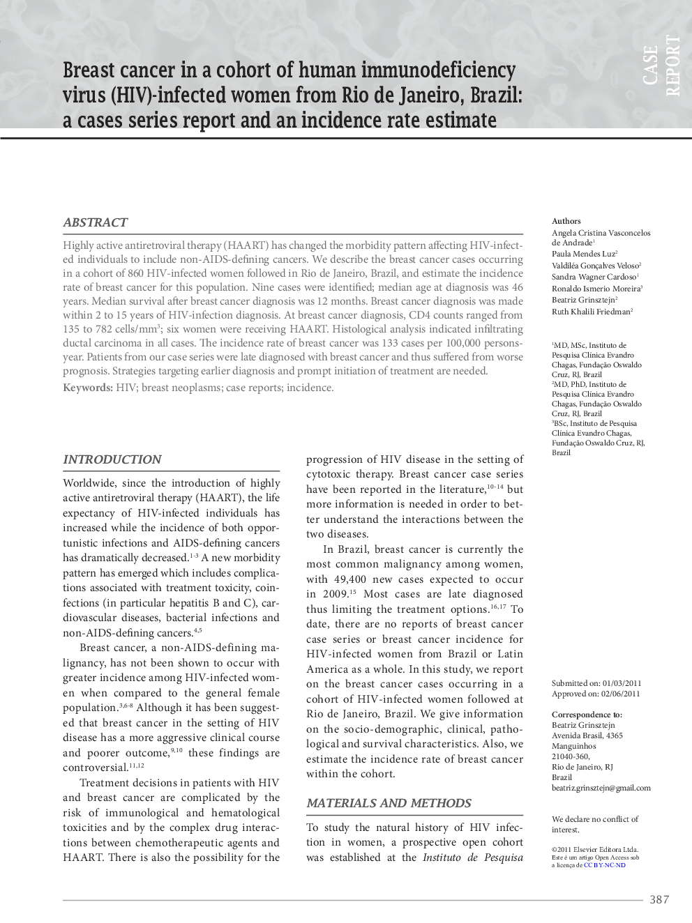 Breast cancer in a cohort of human immunodeficiency virus (HIV)-infected women from Rio de Janeiro, Brazil: a cases series report and an incidence rate estimate