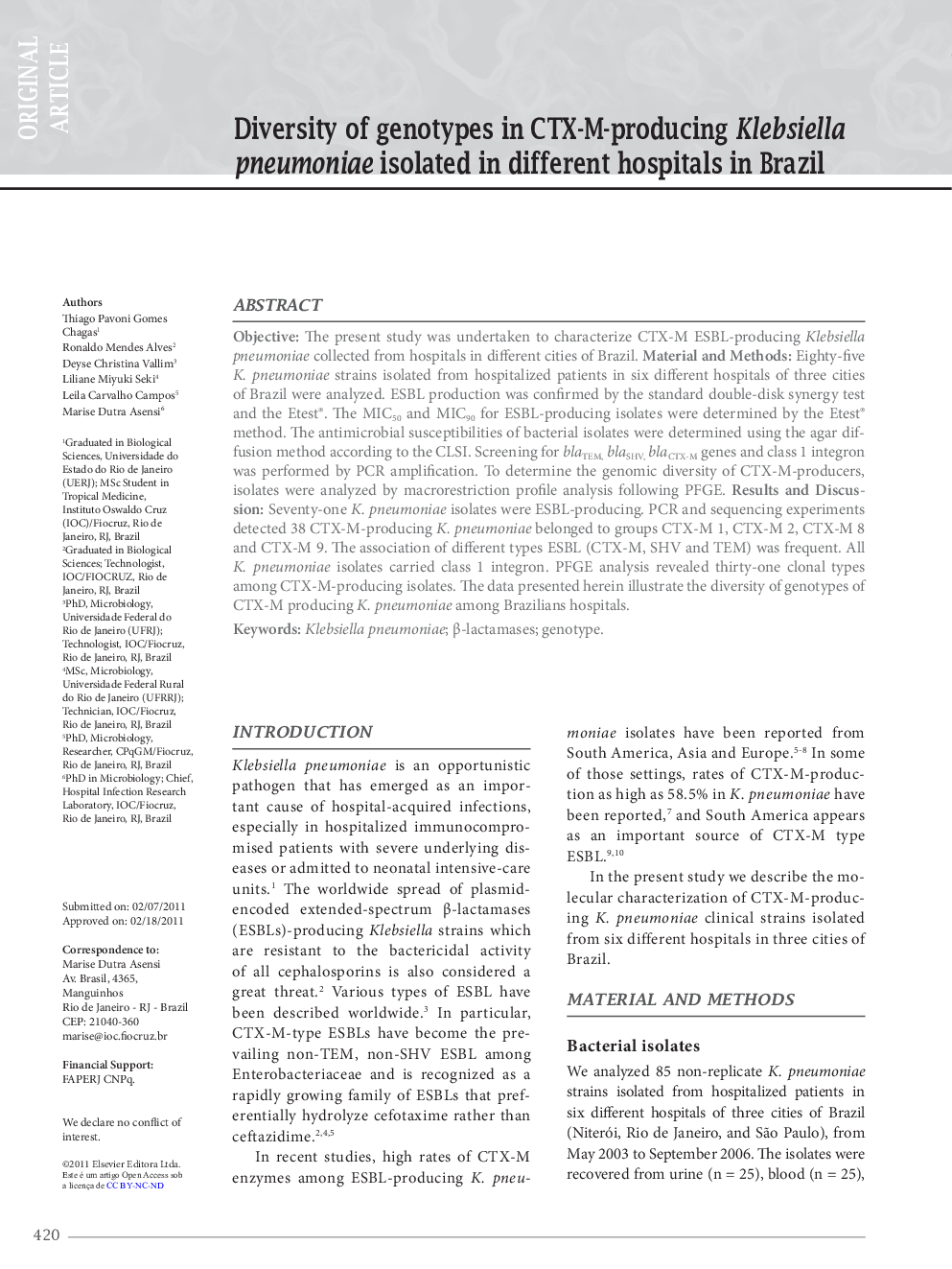 Diversity of genotypes in CTX-M-producing Klebsiella pneumoniae isolated in different hospitals in Brazil