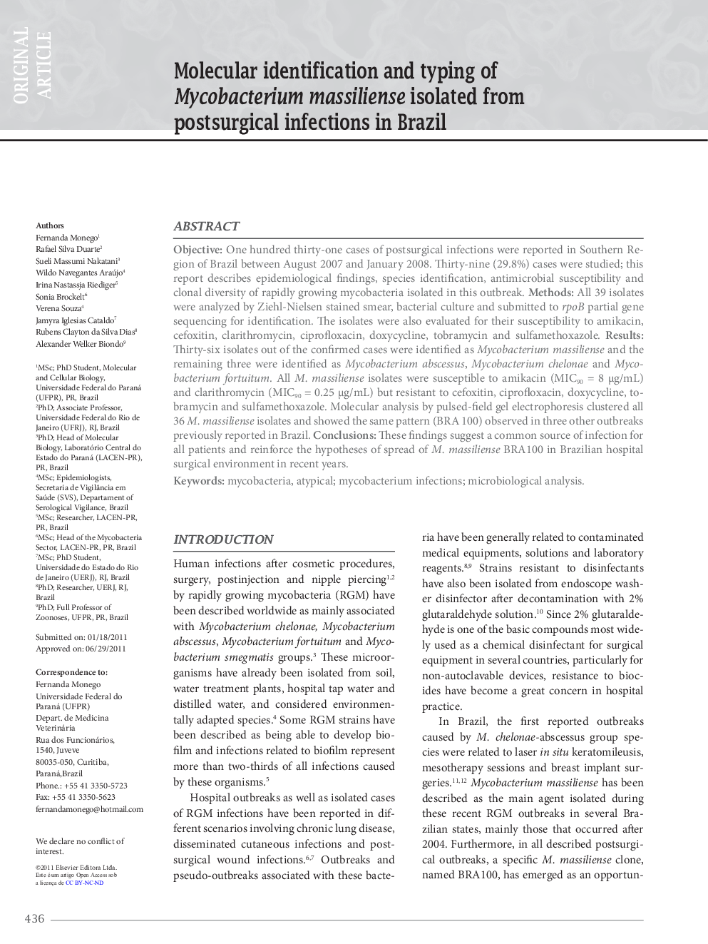 Molecular identification and typing of Mycobacterium massiliense isolated from postsurgical infections in Brazil