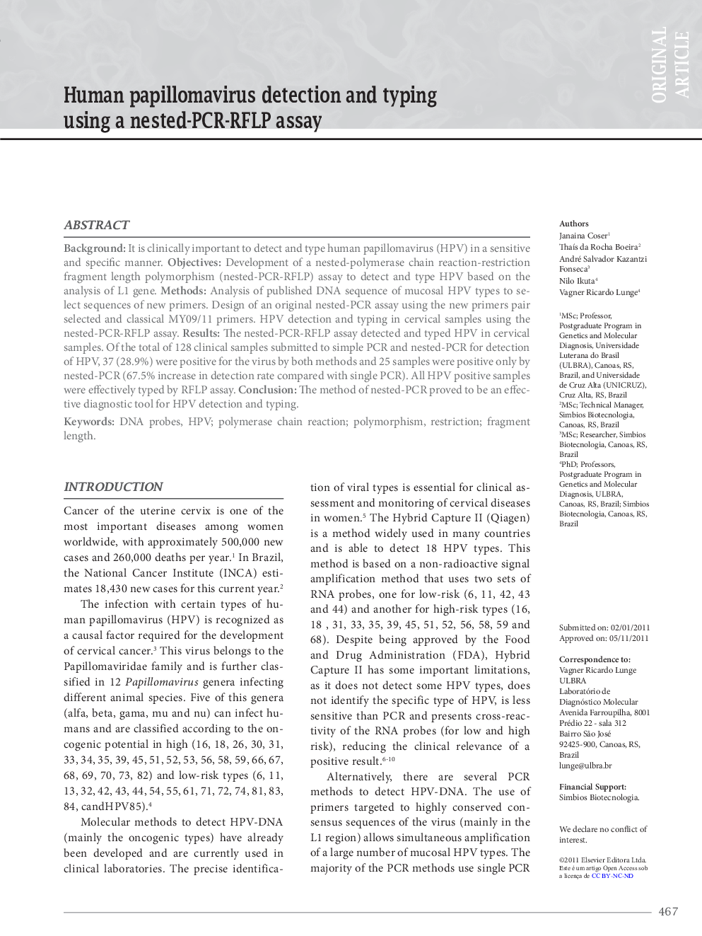 Human papillomavirus detection and typing using a nested-PCR-RFLP assay