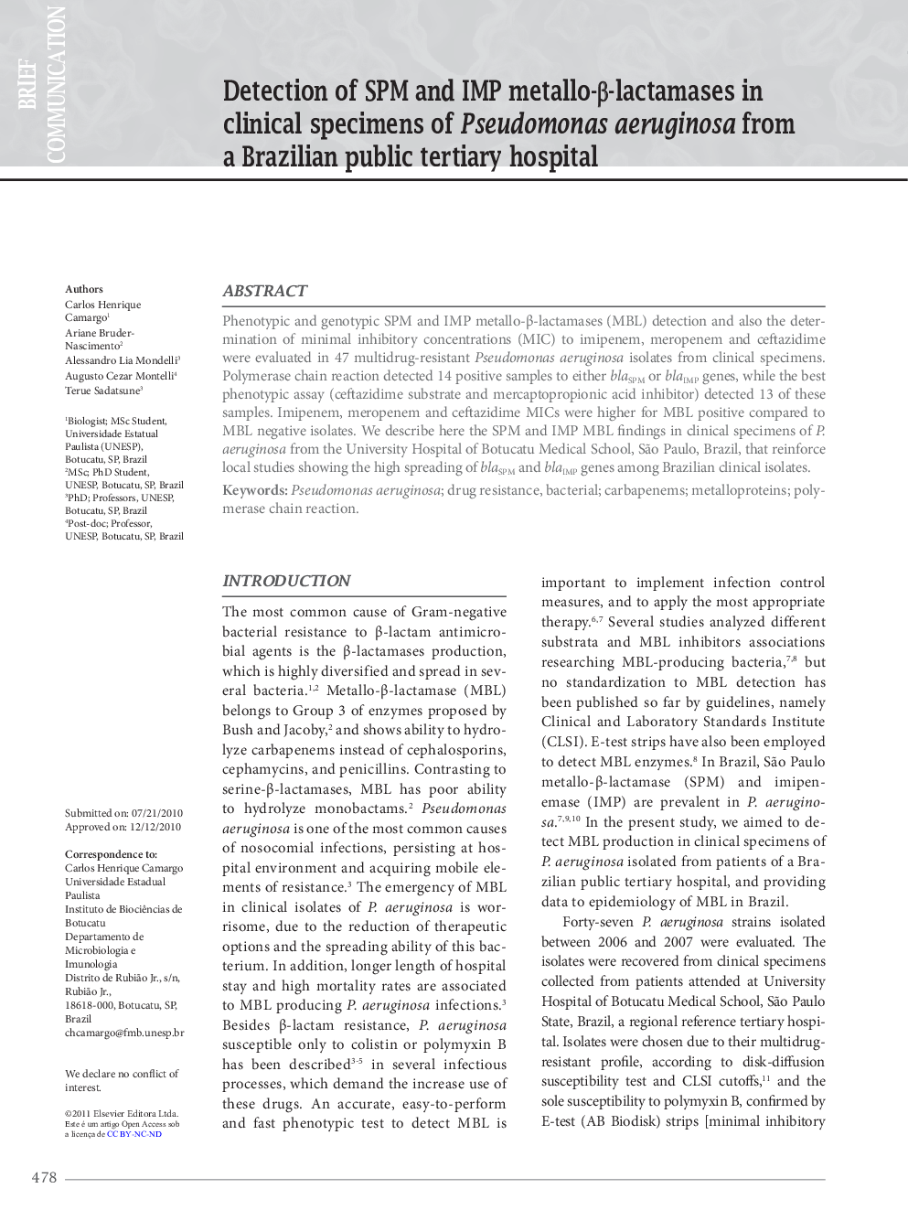 Detection of SPM and IMP metallo-β-lactamases in clinical specimens of Pseudomonas aeruginosa from a Brazilian public tertiary hospital