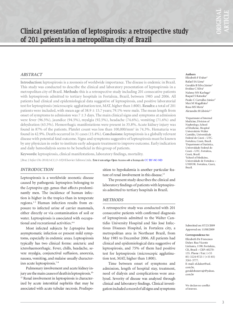 Clinical presentation of leptospirosis: a retrospective study of 201 patients in a metropolitan city of Brazil