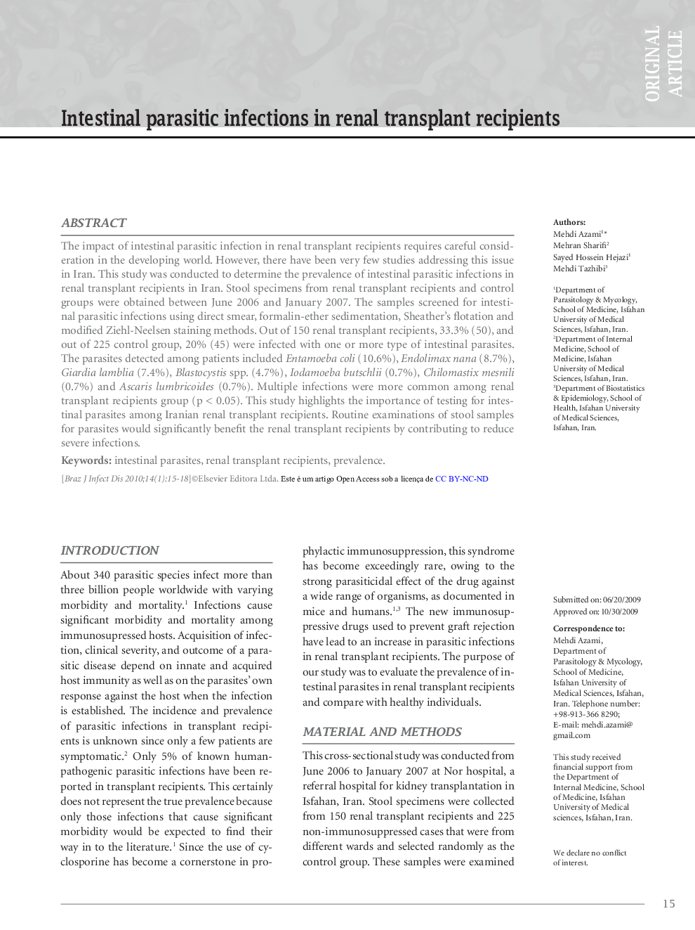 Intestinal parasitic infections in renal transplant recipients 