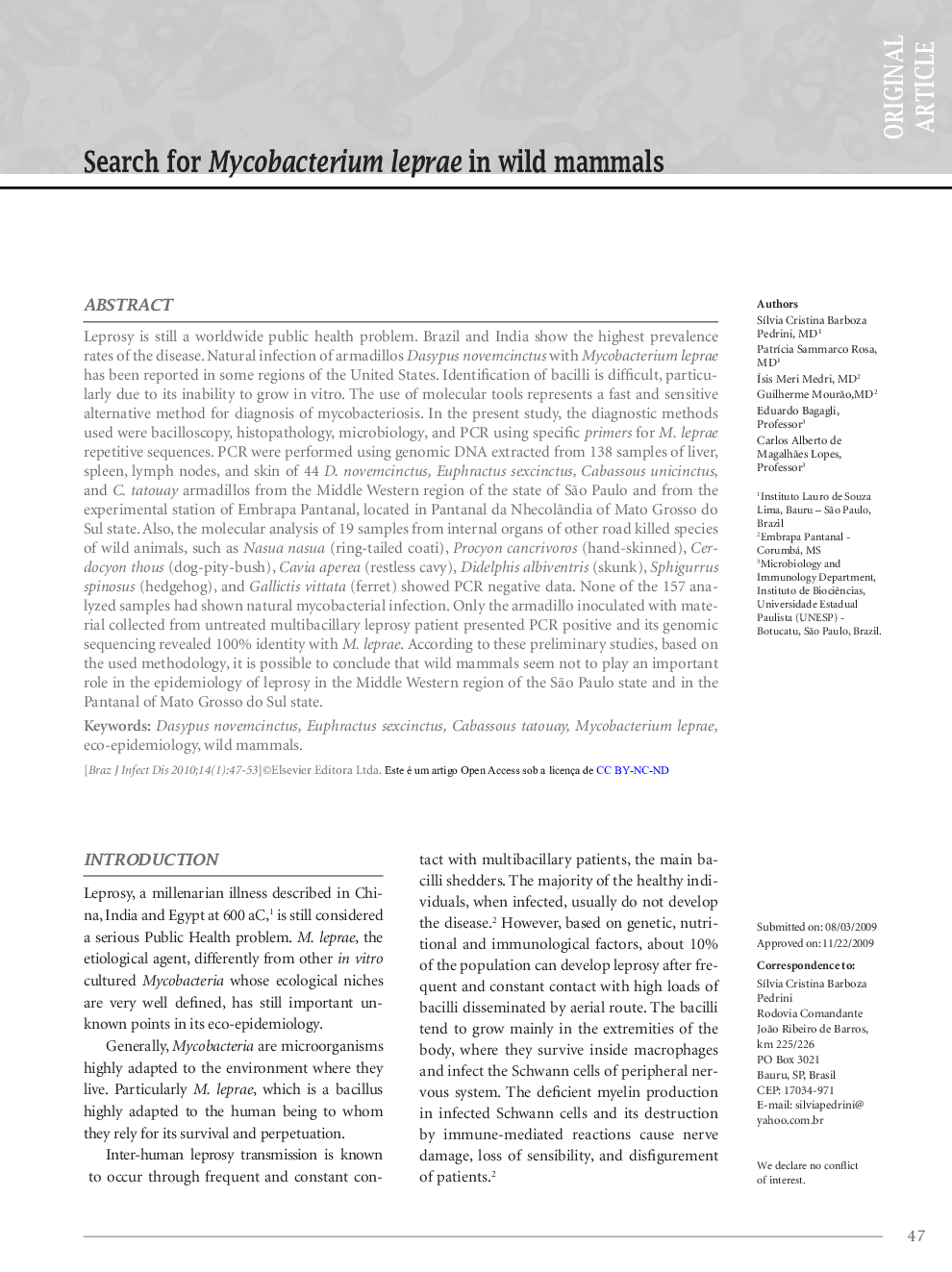 Search for Mycobacterium leprae in wild mammals