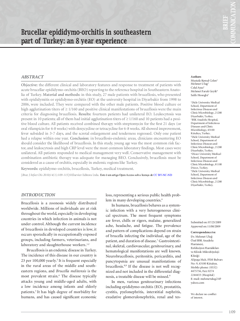 Brucellar epididymo-orchitis in southeastern part of Turkey: an 8 year experience