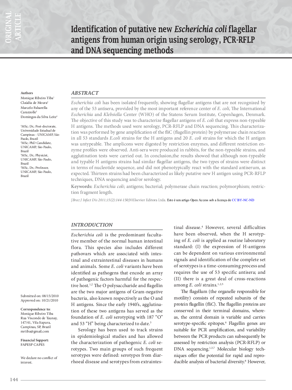 Identification of putative new Escherichia coli flagellar antigens from human origin using serology, PCR-RFLP and DNA sequencing methods