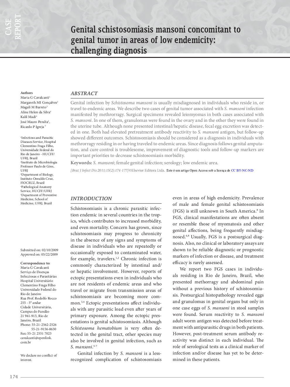 Genital schistosomiasis mansoni concomitant to genital tumor in areas of low endemicity: challenging diagnosis