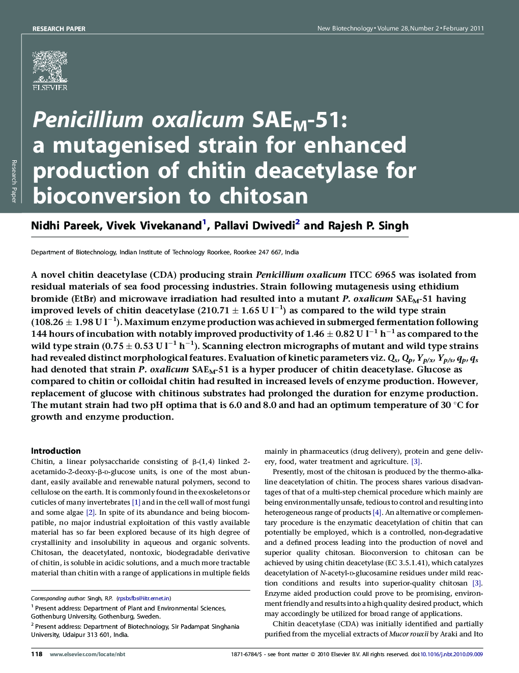 عکس صفحه اول مقاله: Penicillium oxalicum SAEM-51: a mutagenised strain for enhanced production of chitin deacetylase for bioconversion to chitosan Penicillium oxalicum SAEM-51: a mutagenised strain for enhanced production of chitin deacetylase for bioconversion to chitosan